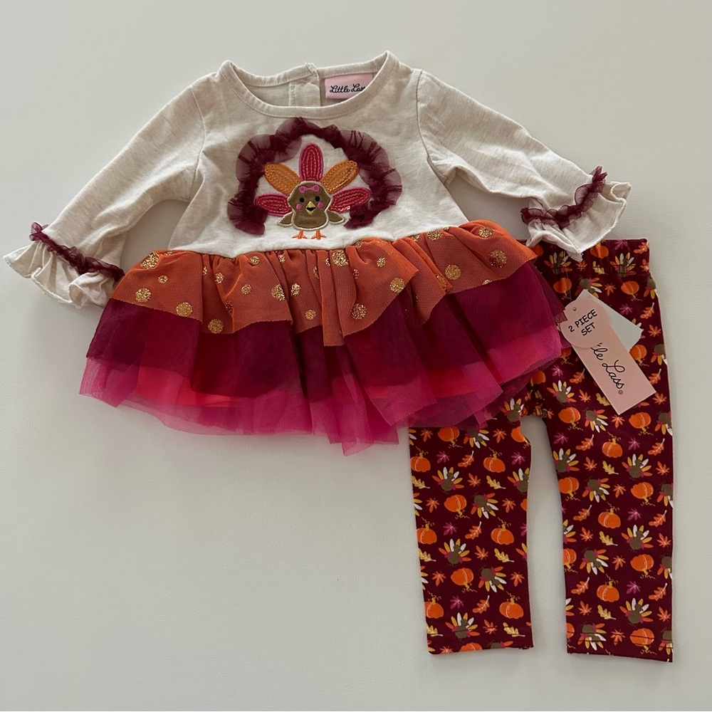 Little Lass 6-9 Months Baby Girl Turkey Fall Outfit Top Pants Set Thanksgiving